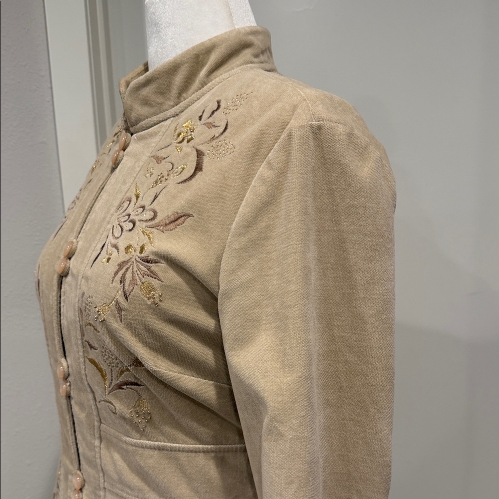 Anthropologie Elevenses Embroidered Coat 8 Tan Velvet Corduroy Vintage Romantic - Picture 8 of 17